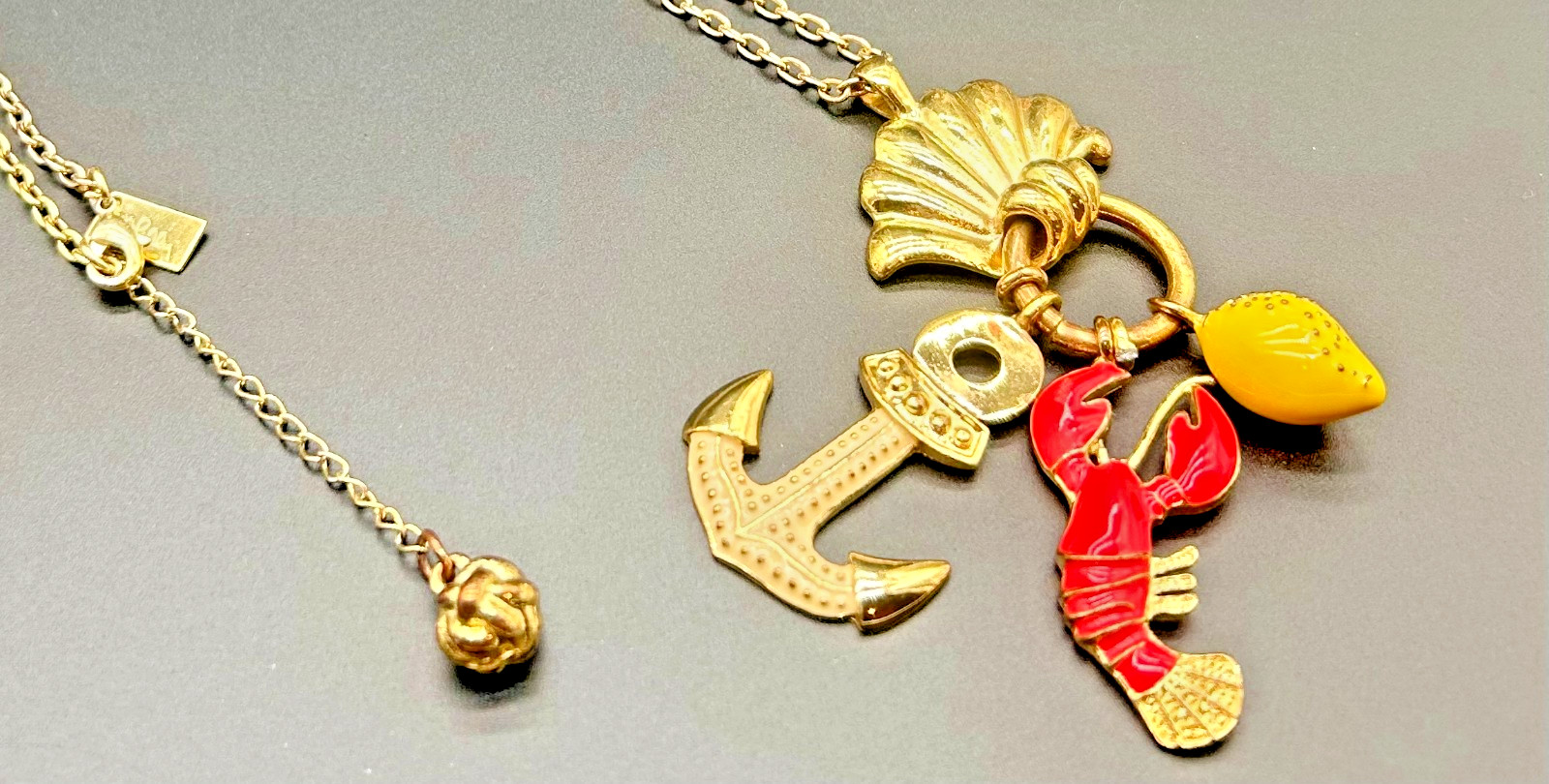Lilly Pulitzer Nautical Charm Long Necklace Gold Tone Shell Lobster Anchor Lemon