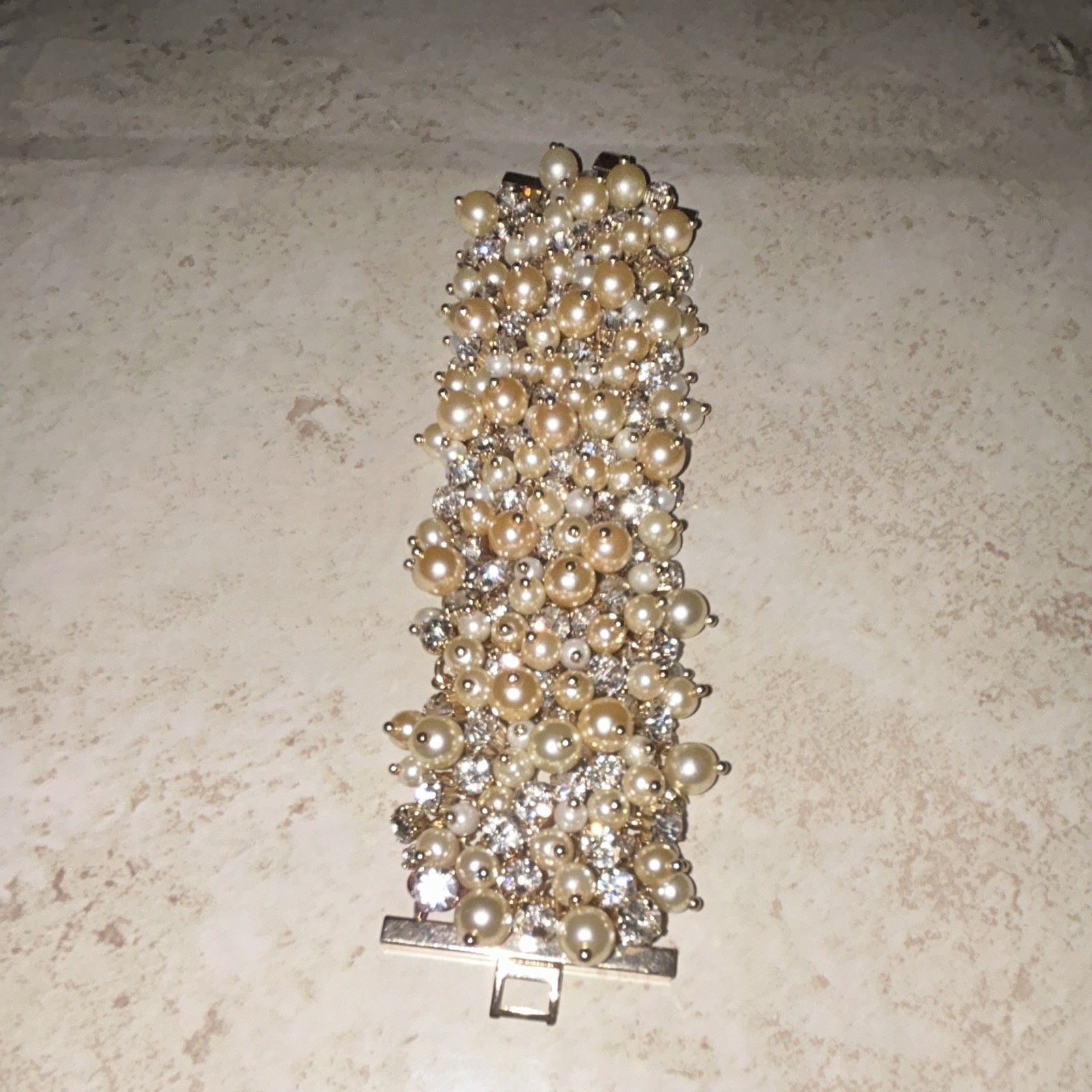 Gold Tone bracelet with faux Pearls & Clear Rhinestone Clusters