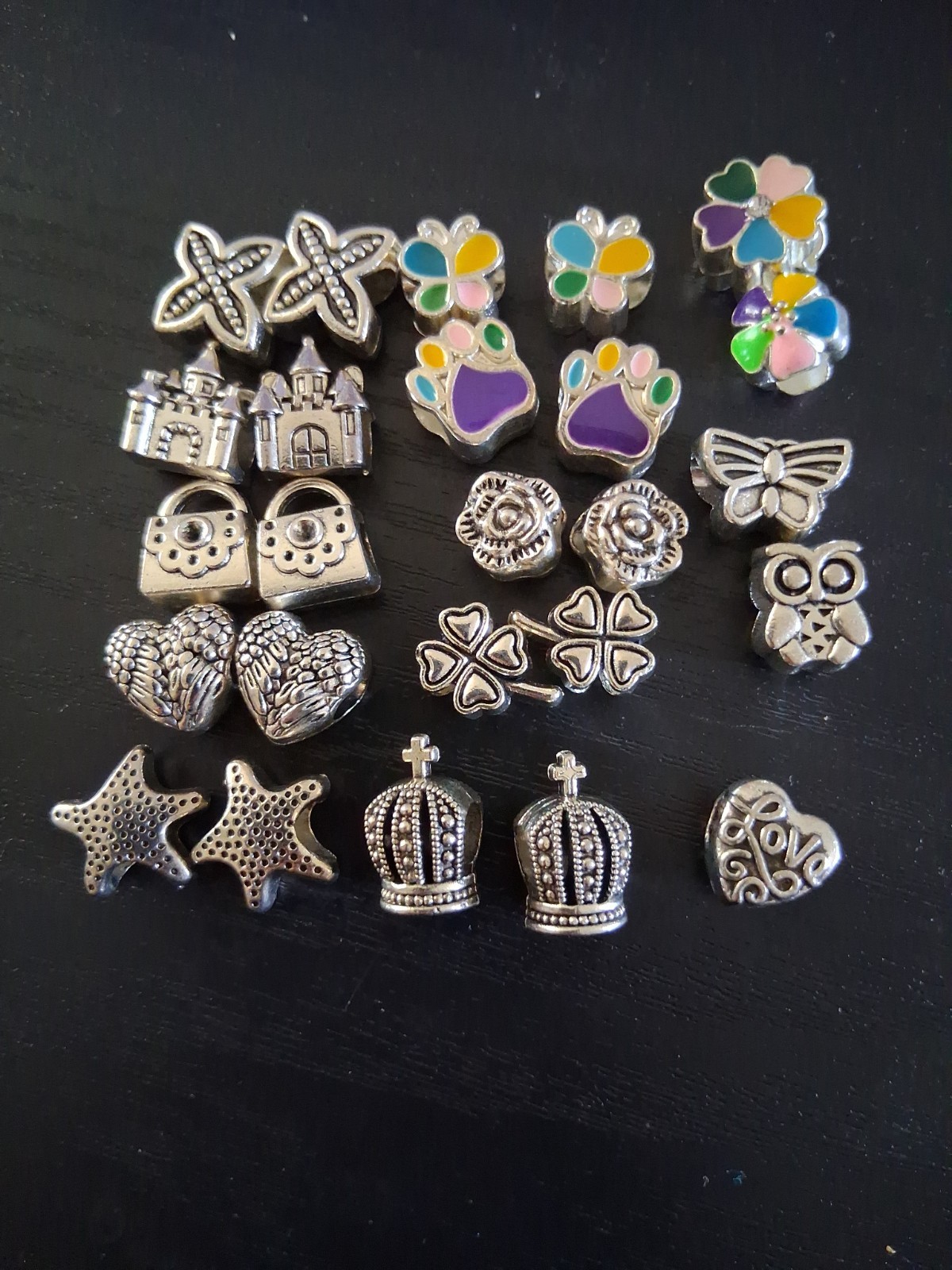 22pc Silvertone Charm Lot European Bracelet Beads Owl Crown Heart Flower Stars