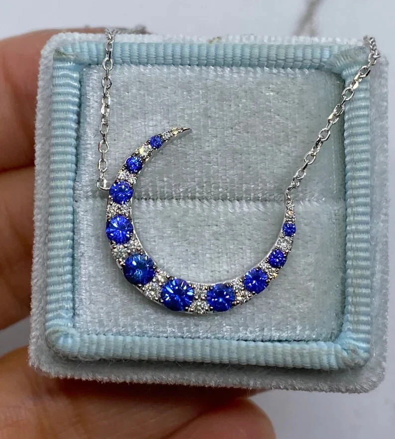 1.40Ct Round Simulated Sapphire Crescent Moon Pendant 14K White Gold Plated