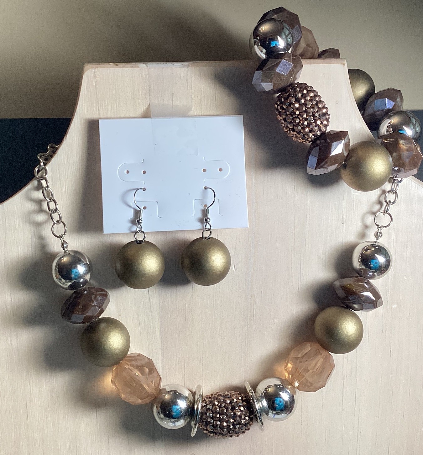 CHUNKY BEADED NECKLACE EARRINGS & STRETCH BRACELET SET SILVER GOLD BROWN COPPER