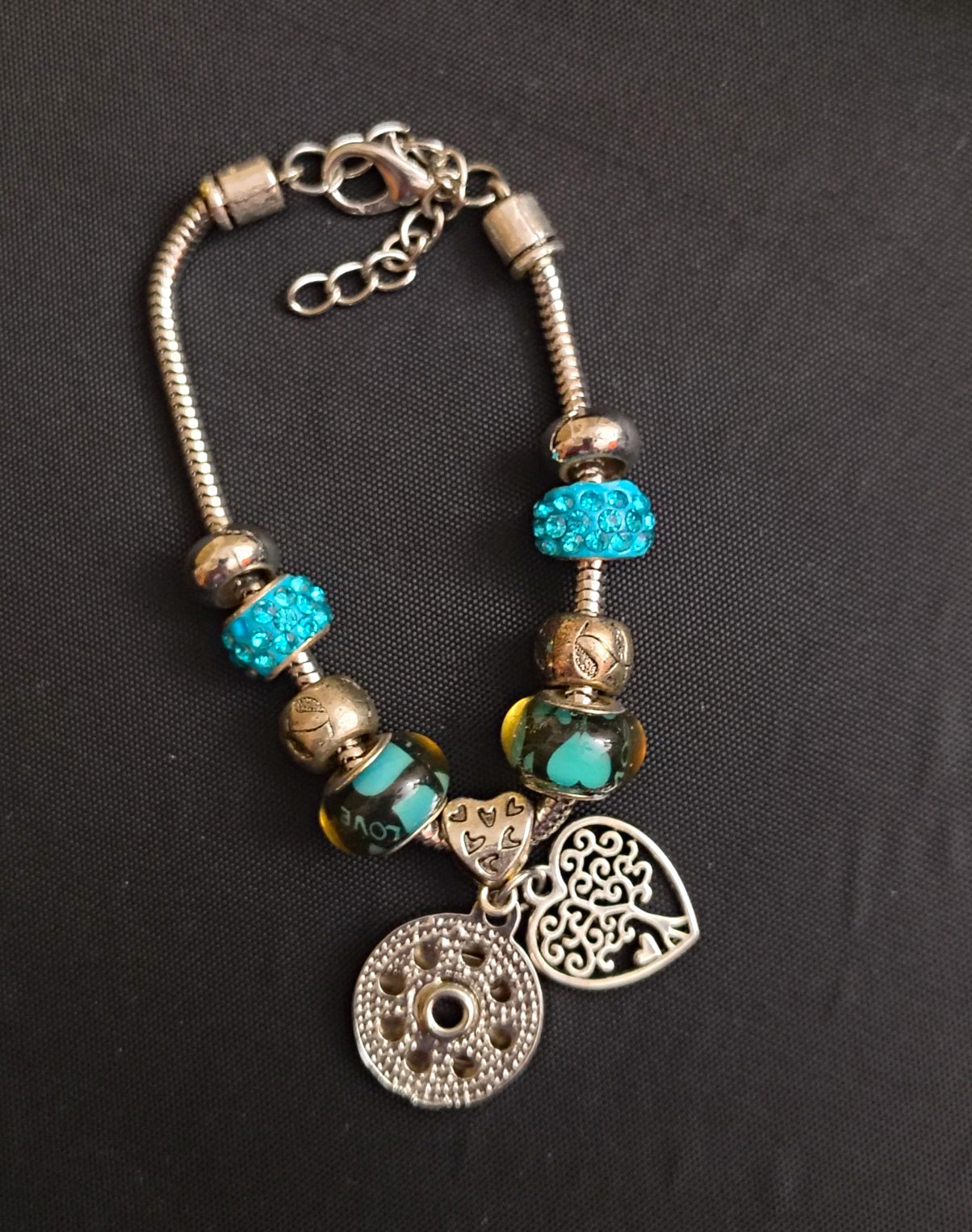 Silver Tone Snake Chain Charm Bracelet Blue Beads Heart Dangle Tree of Life