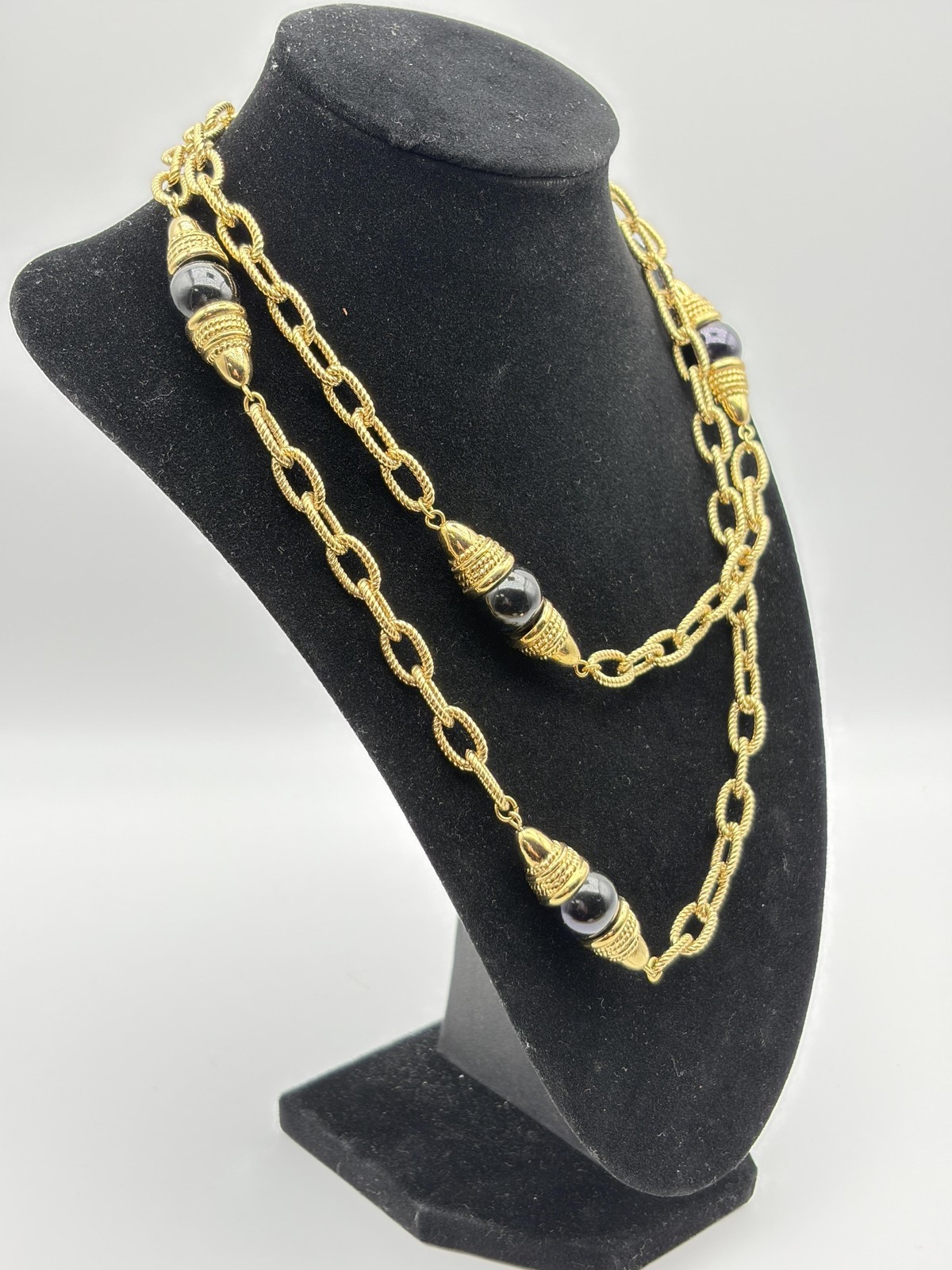 Gold Tone Rope Link Chain Necklace Black Bead Station Long Layering Statement