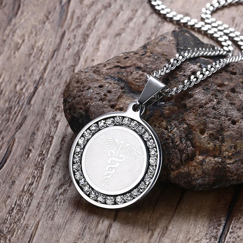 Silver Women Men Medical Alert ID Necklace Pendant Cubic Zirconia Free Engraving