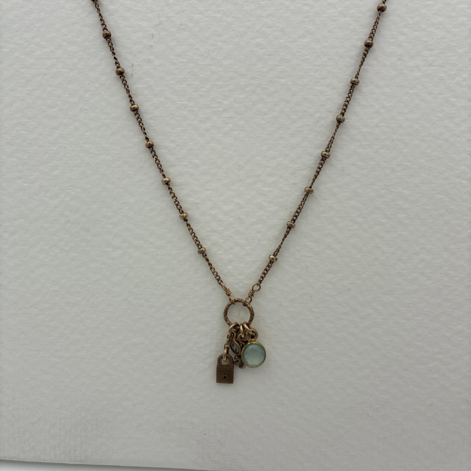 Dogeared Gold Plated Lock, Key, Blue Chalcedony & Swarovski Crystal Necklace