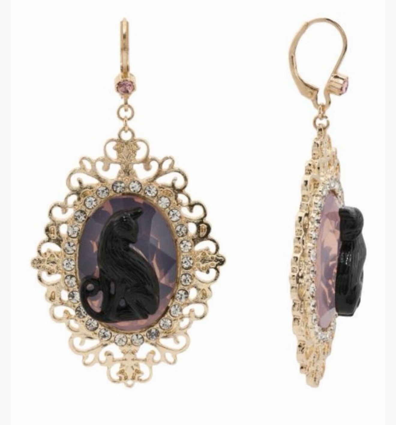 BETSEY JOHNSON Black Cat Cameo Rhinestone Gold Tone Halloween Drop Earrings NWT