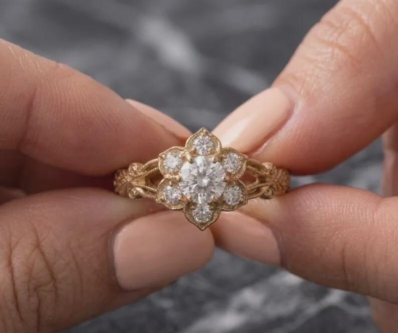 Vintage Floral Halo CZ Engagement Ring 925 Sterling Silver Promise Ring For Her.