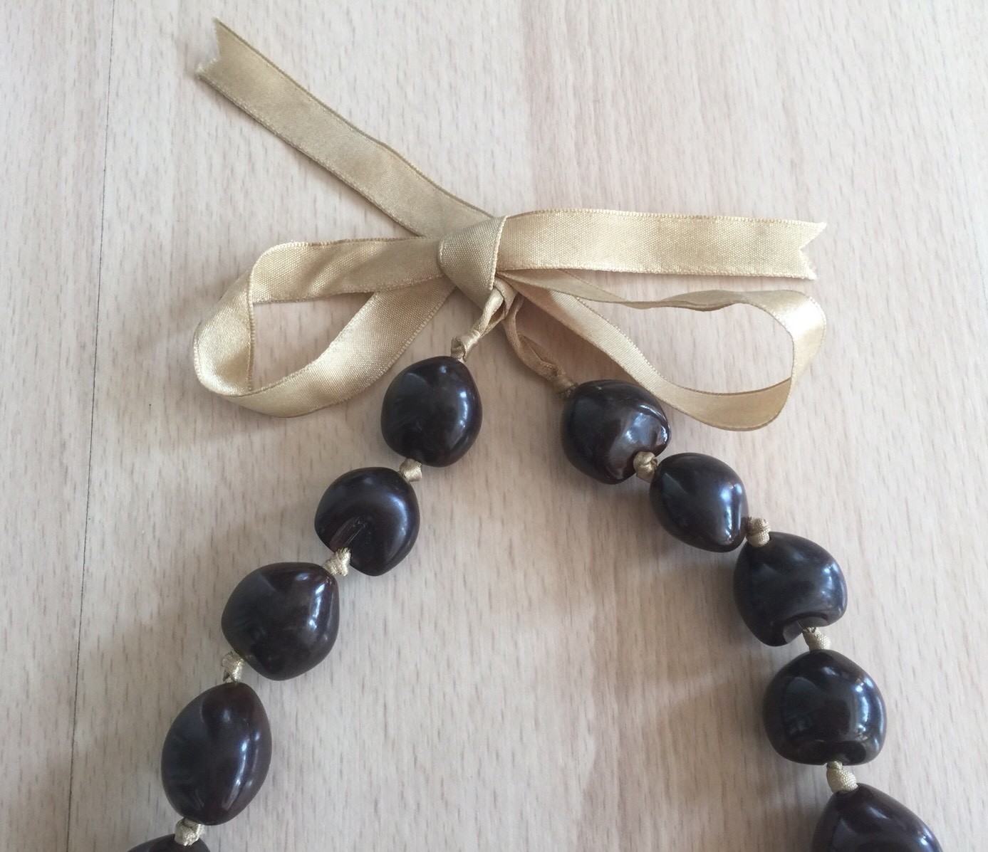 Kukui Hawaiian Lei Brown Necklace on Beige Ribbon from Hawaii
