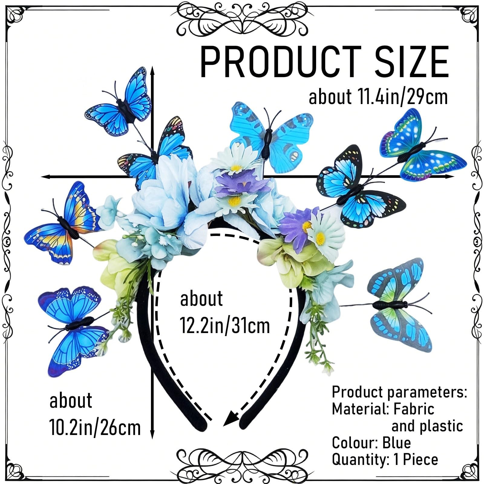 Hikiwin Butterfly Flower Crown Headband, 1 Count (Pack of 1), Blue