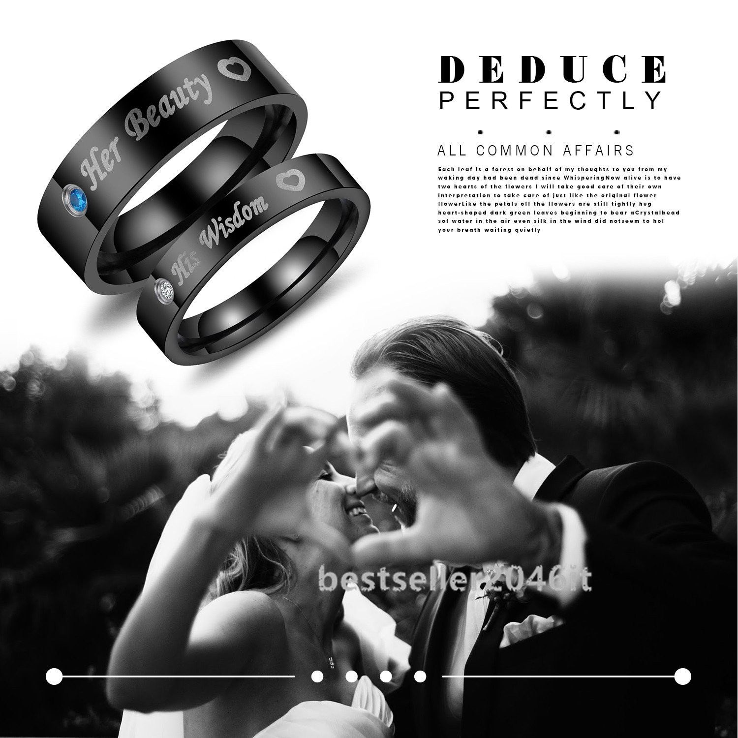2pcs Matching His Beauty Her Wisdom Stainless Steel CZ Wedding Couple Ring Set