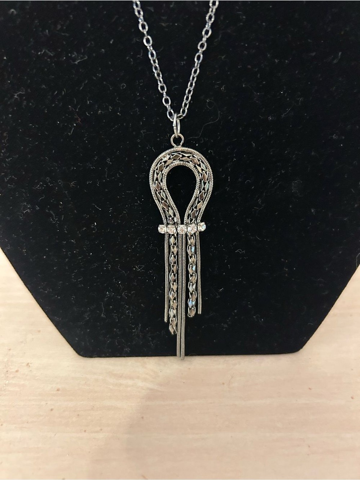 Silver Tone Rhinestone Tassel Pendant Necklace | Statement Drop Necklace