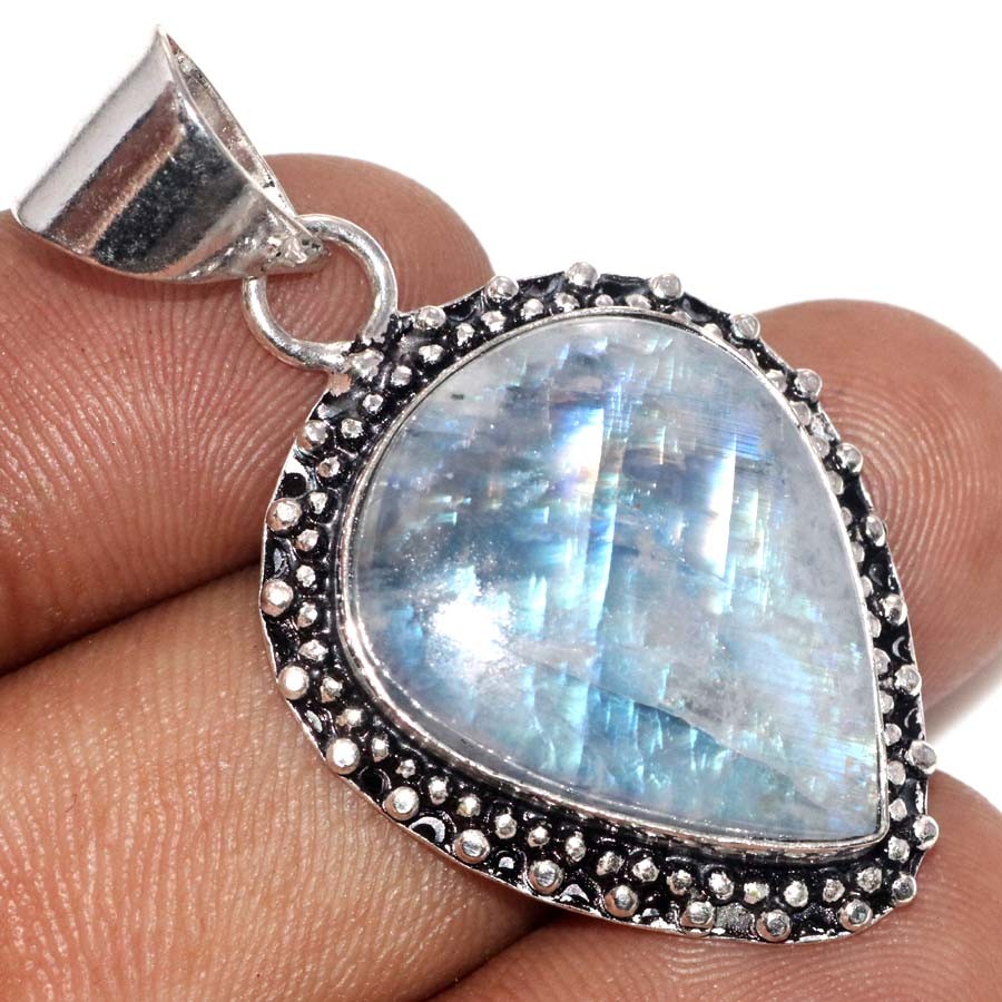 Aa+ Quality Rainbow Moonstone 925 Silver Plated Pendant 1.5″ Most Beautiful GW