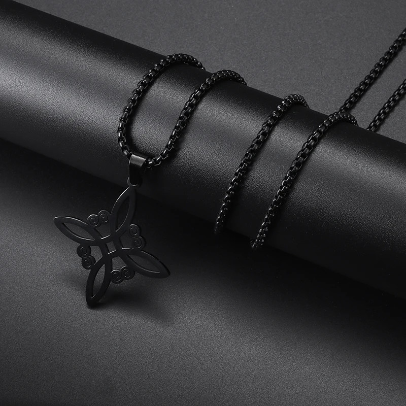 Black Quaternary Knot Stainless Steel Necklace Spiritual Pendant 23.5in Chain