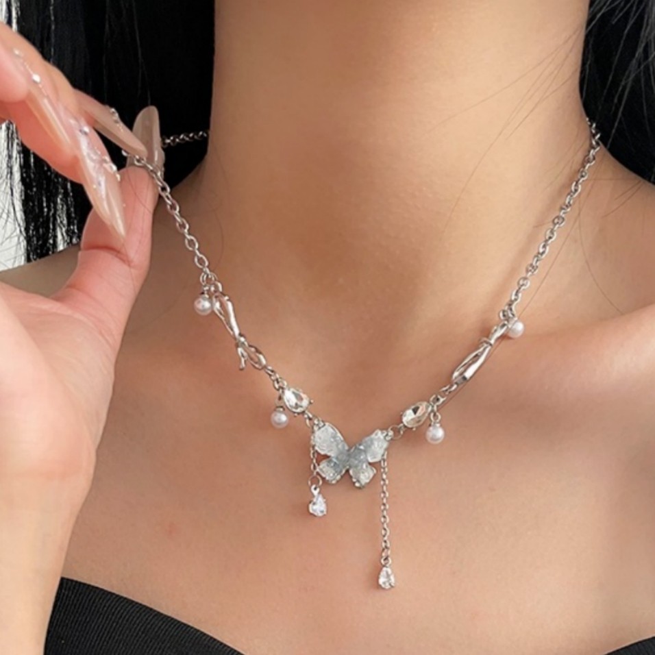 Gradient Blue Crystal Butterfly Pearl Tassel Silver Plated CZ Choker Necklace