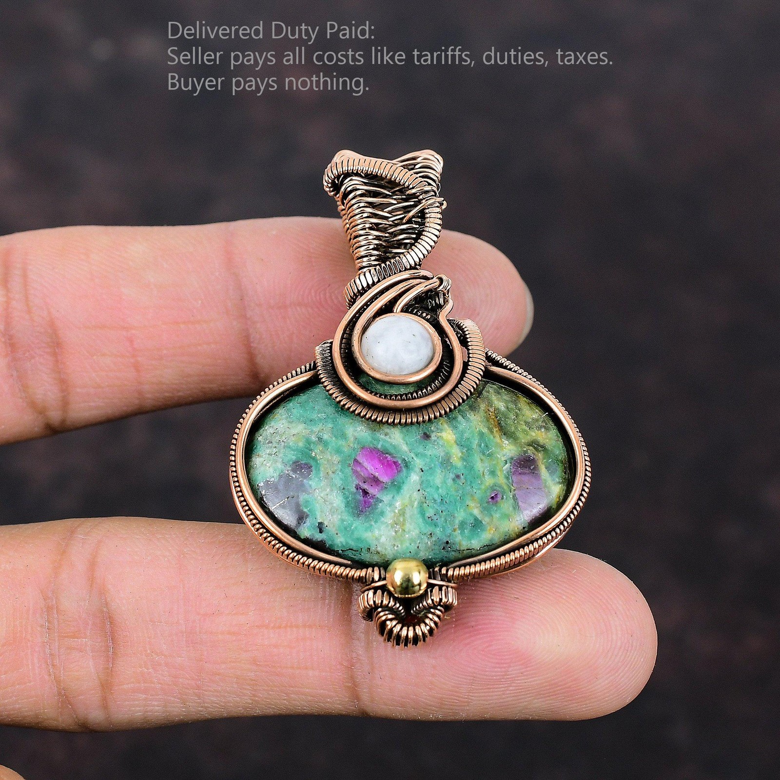 Oval Ruby Fuchsite Stone Rainbow Moonstone Copper Wire Wrapped Pendant Jewelry