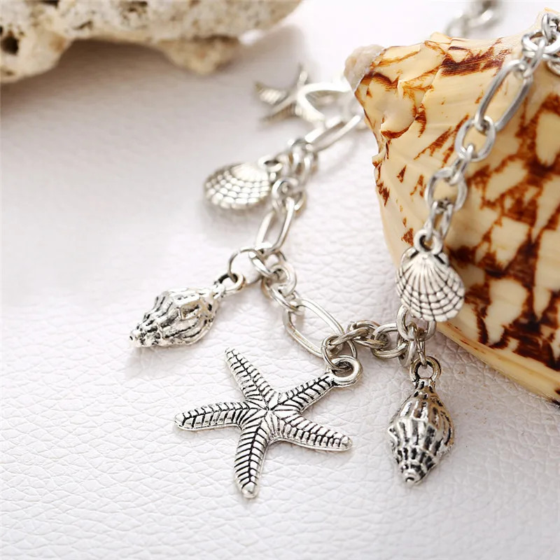 Vintage Summer Starfish Ankle bracelets For Women Silver Color Shells Conch Char