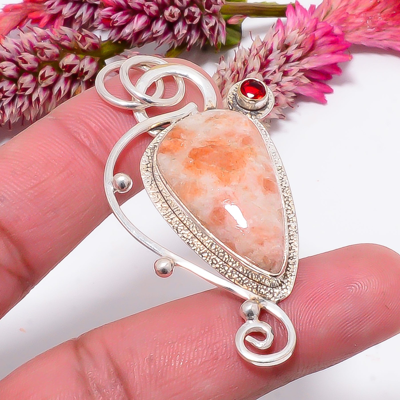Golden” Snstone – Madagascar & Red Garnet 925 Sterling Silver Pendant 2.26″ sk27