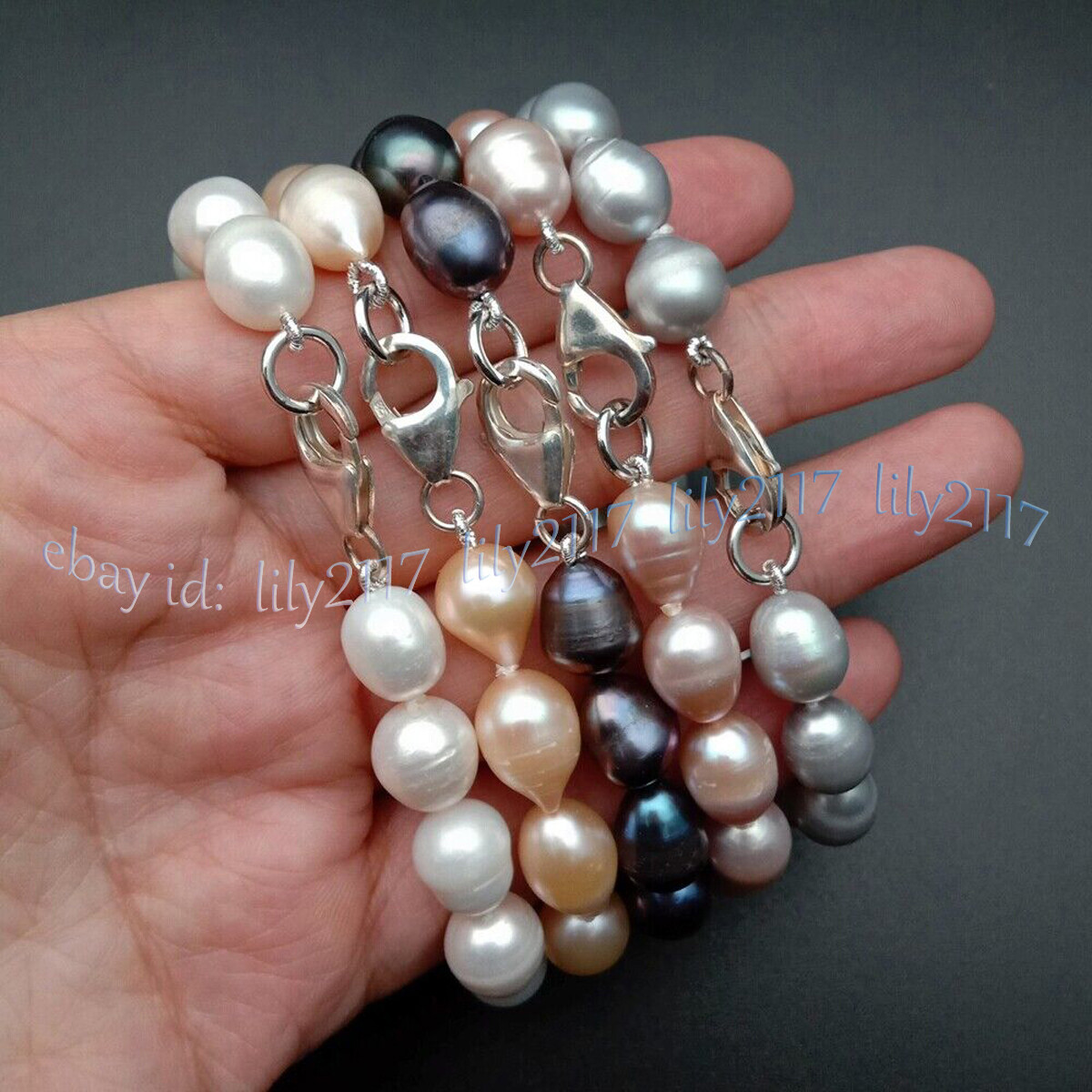Natural White Black Gray Pink Purple Rice Cultured Pearl Bracelet Silver Clasp