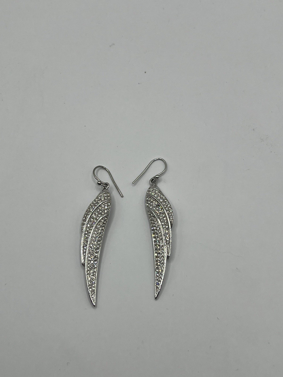 Angel Wing Silver Tone Dangle Drop Hook Earrings w/ Clear Crystal Rhinestones
