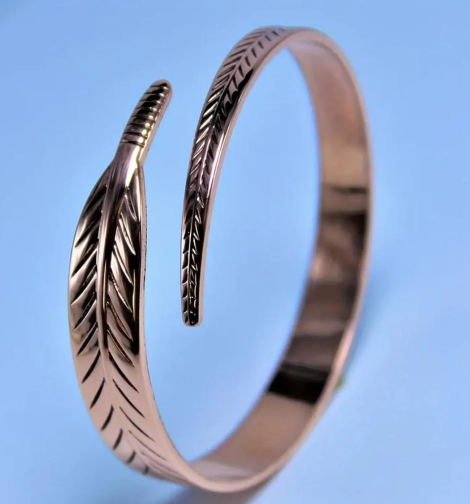 Pure Copper Feather Cuff Bracelet Adjustable Boho Open Bangle Nature Inspired