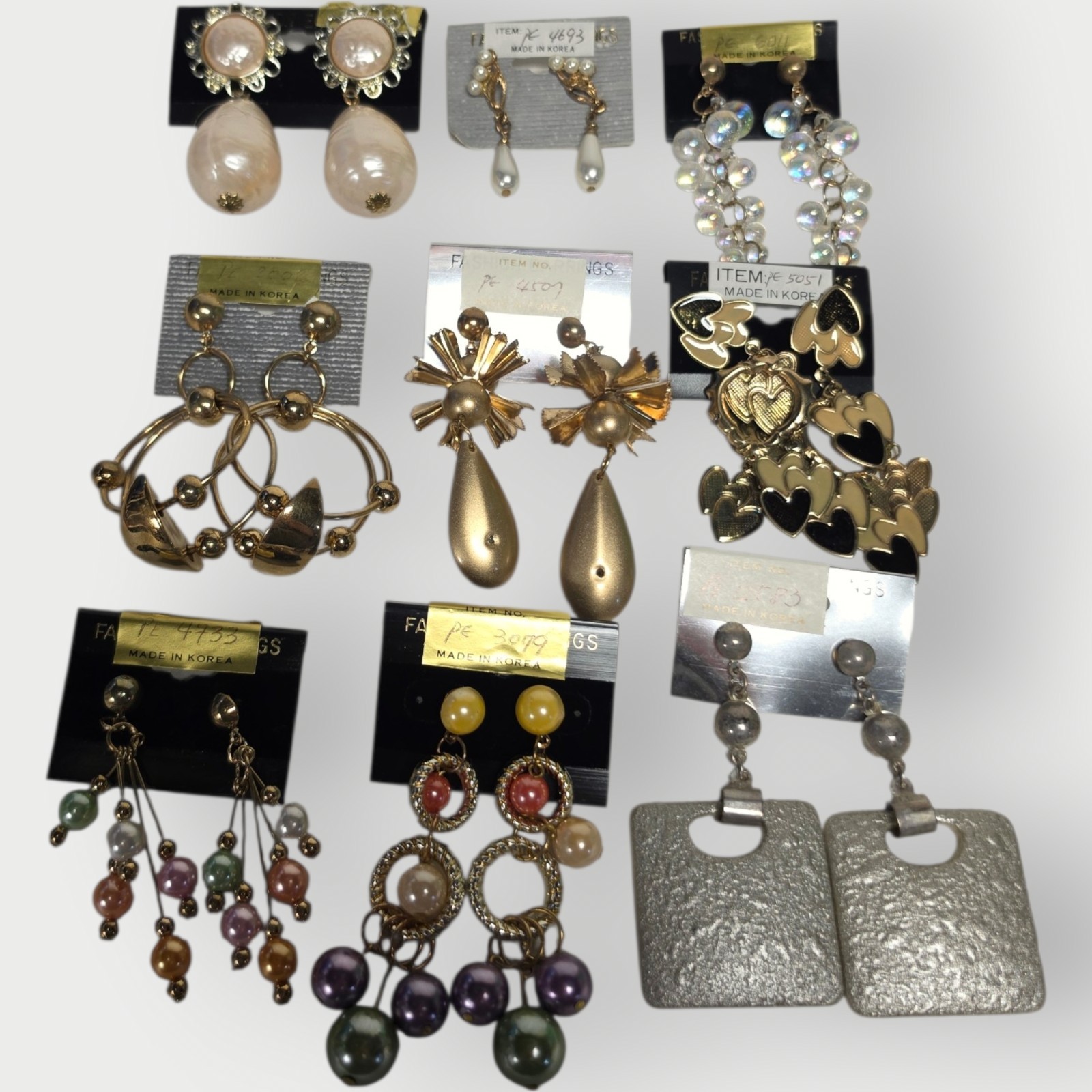Vintage Korea Costume Fashion Earrings Lot 9 Pairs NOS Deadstock Dangle Statemen