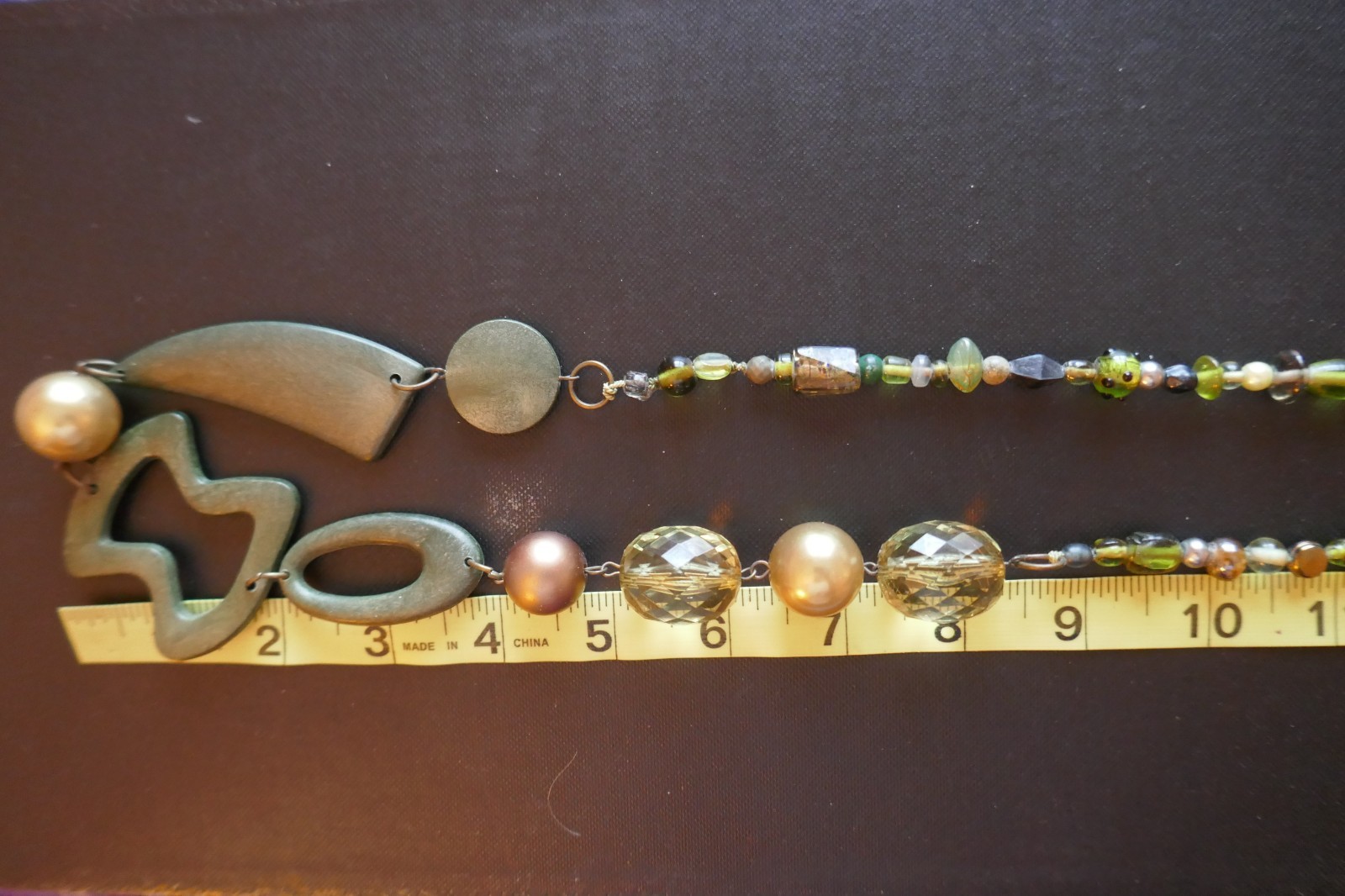 40″ Long Necklace Green Copper Gold Large Abstract Shapes Acrylic & Glass Beads