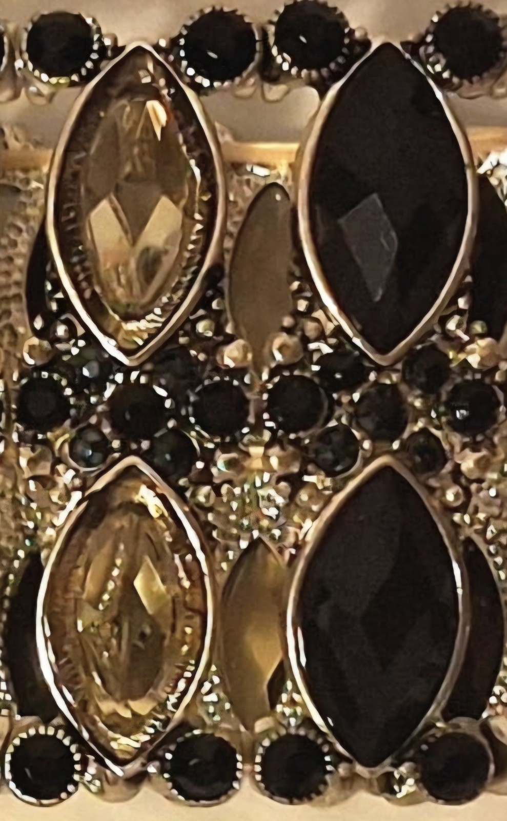 Silver Tone Stretch Bracelet Black Crystal Amber Statement Wide Cuff