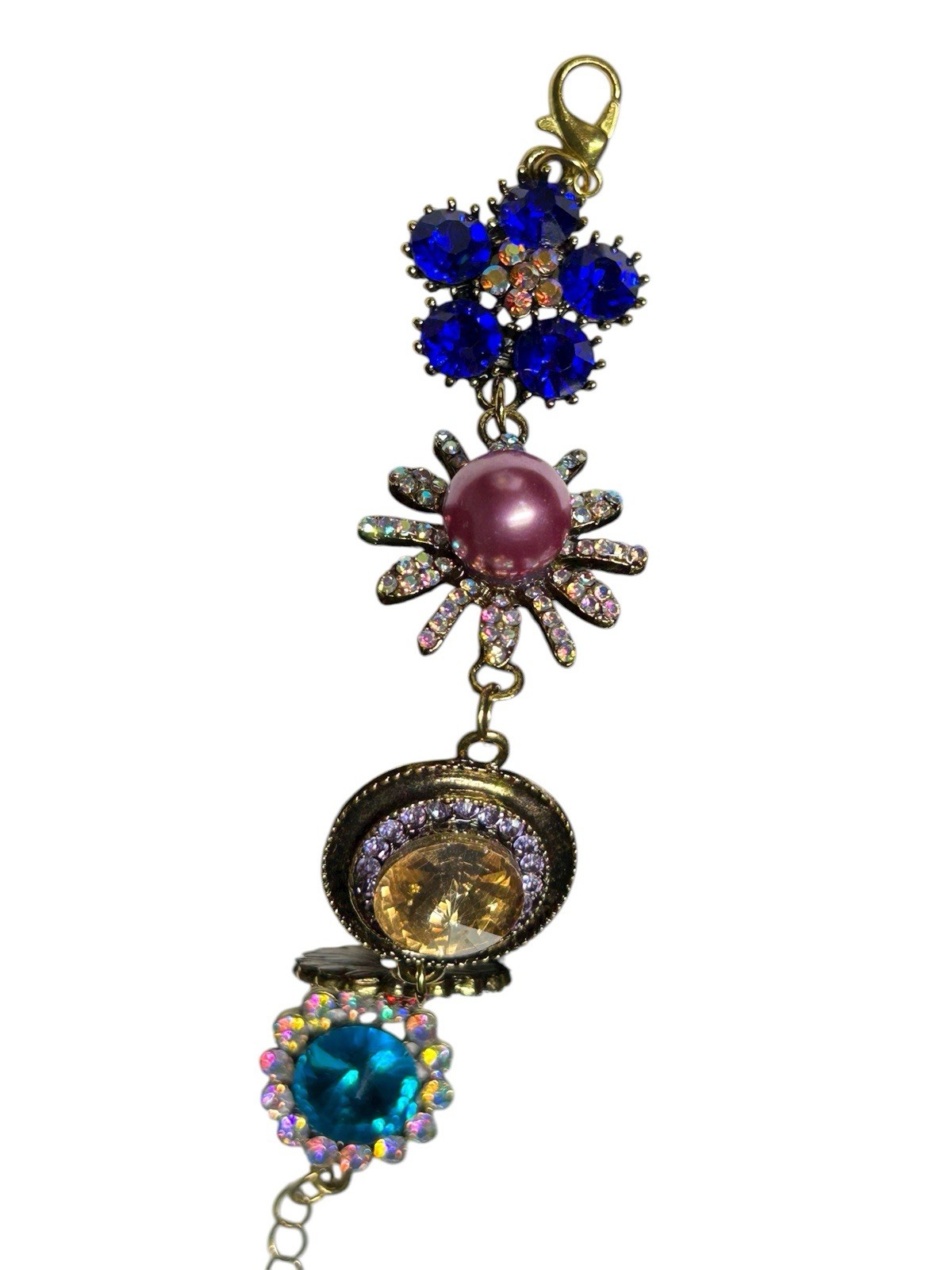 Colorful Rhinestone Floral Statement Bracelet Gold Tone Adjustable 7–8.5”