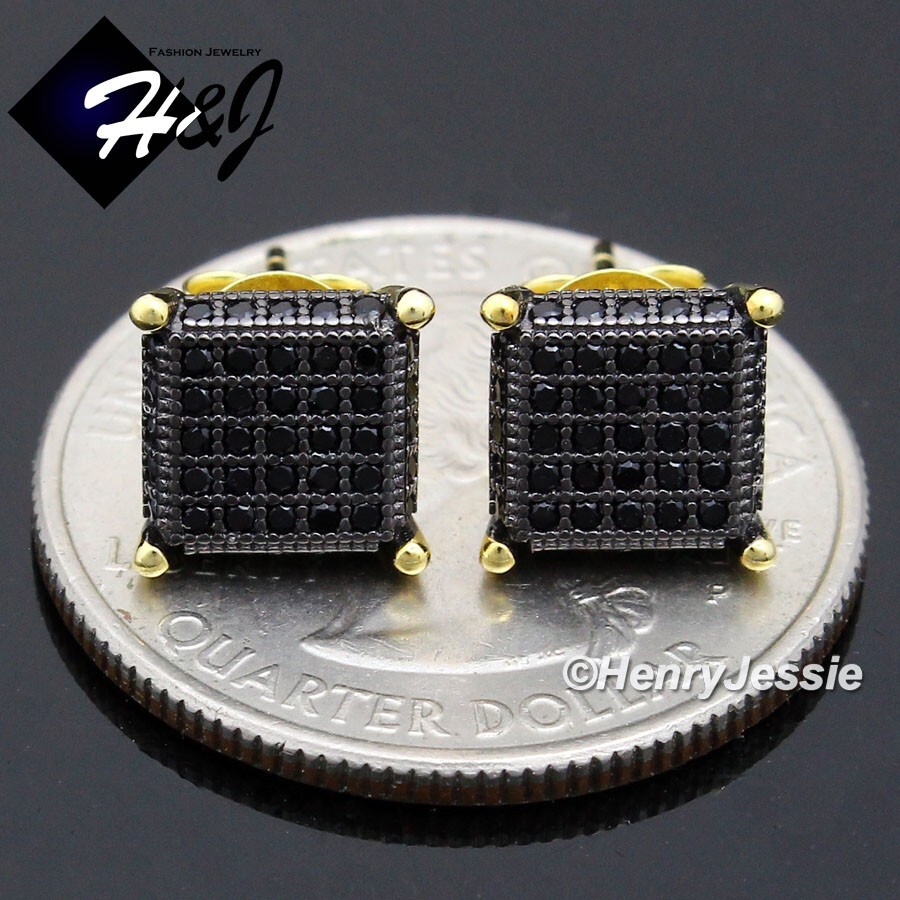 MEN 925 STERLING SILVER ICY BLING CZ BLACK/GOLD PLATED 8MM 3D STUD EARRING*BG237