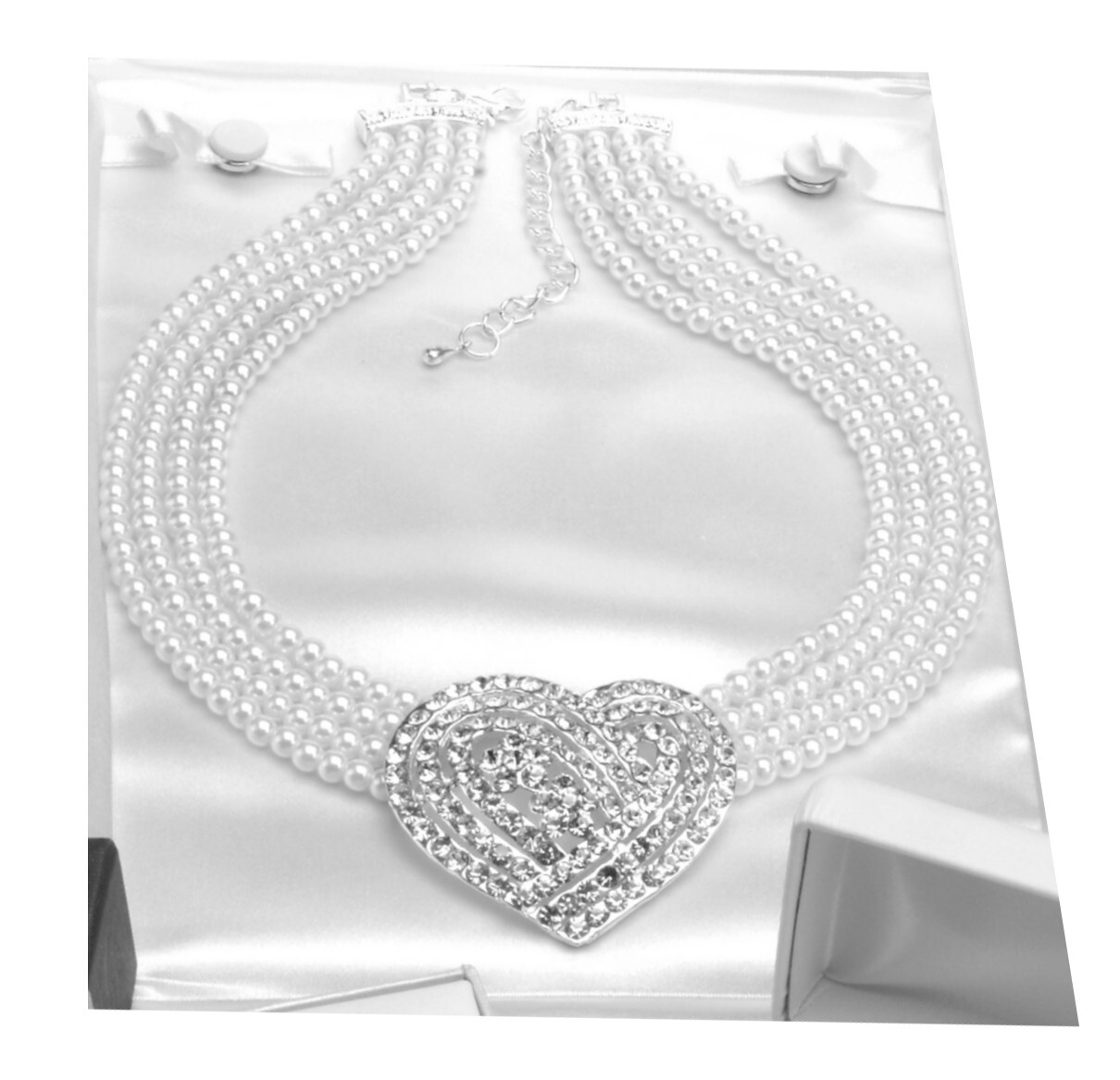 Crystal Heart & Strand Faux Pearl Necklace Bracelet Earring Set Bridal Prom NIB