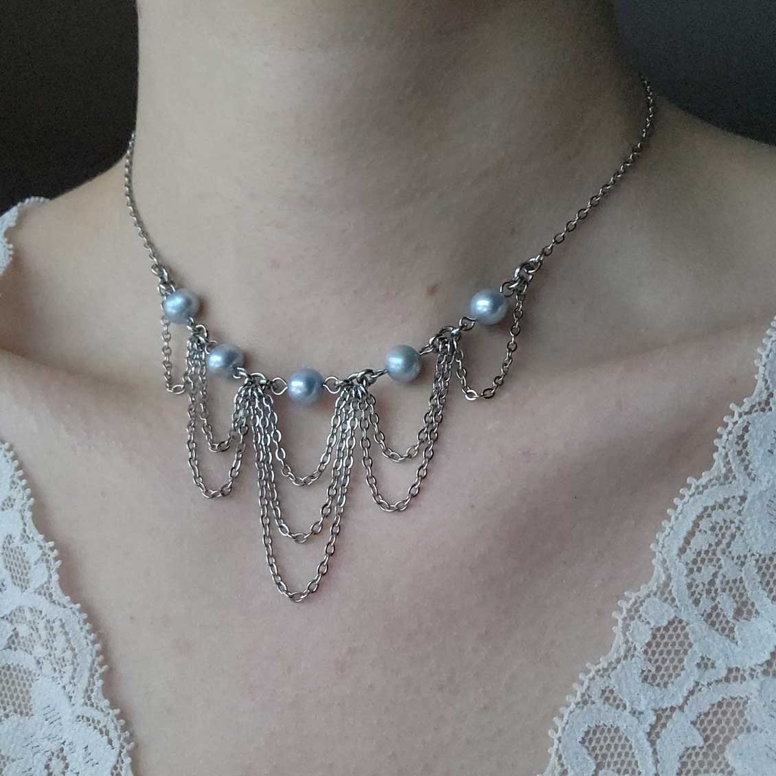 Vintage medieval style princess genuine blue pearls & silver chandelier necklace