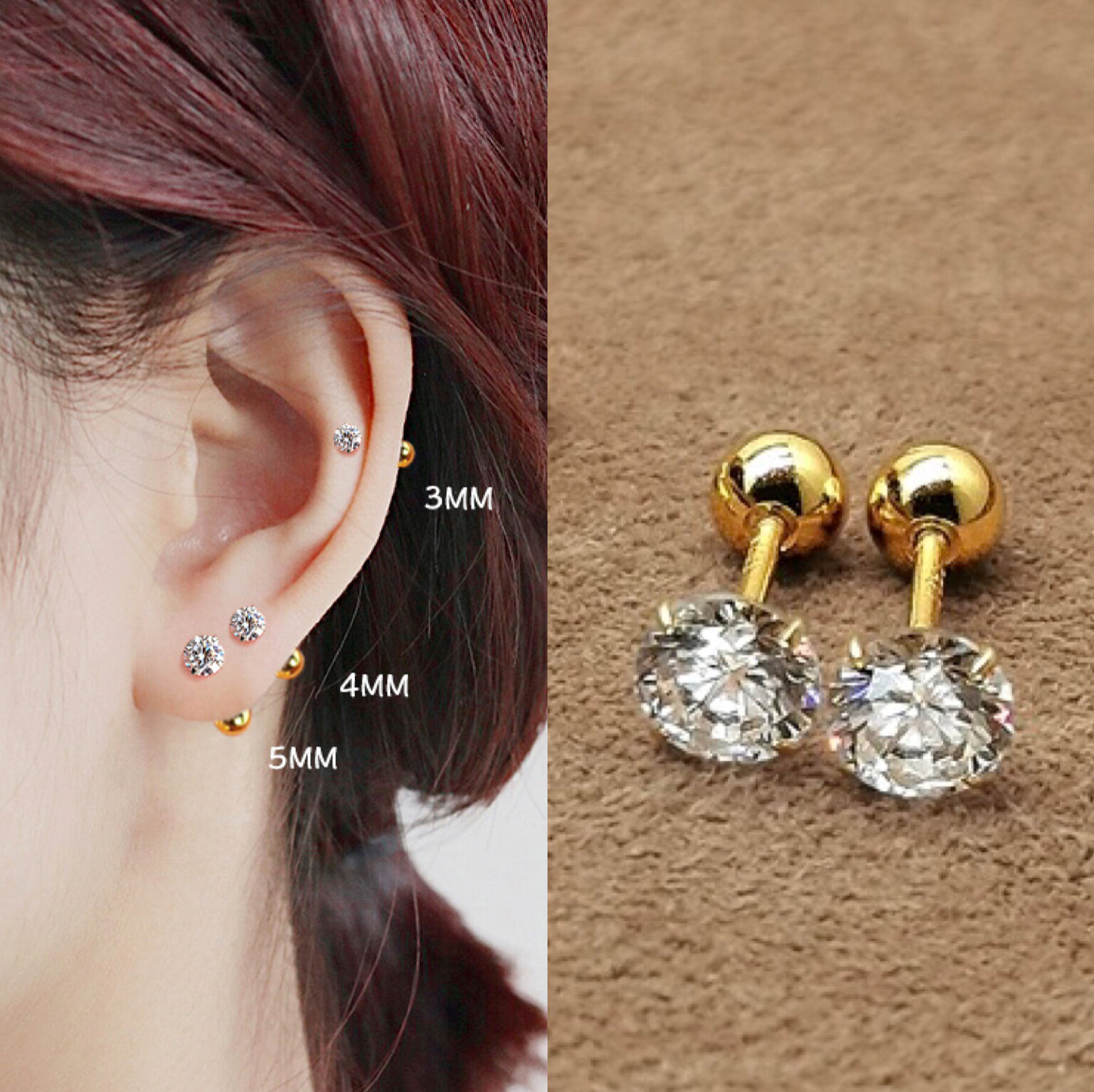 Womens Girls Gold Round CZ Crystal Stud Earrings Screw Back Surgical Steel 2-6mm