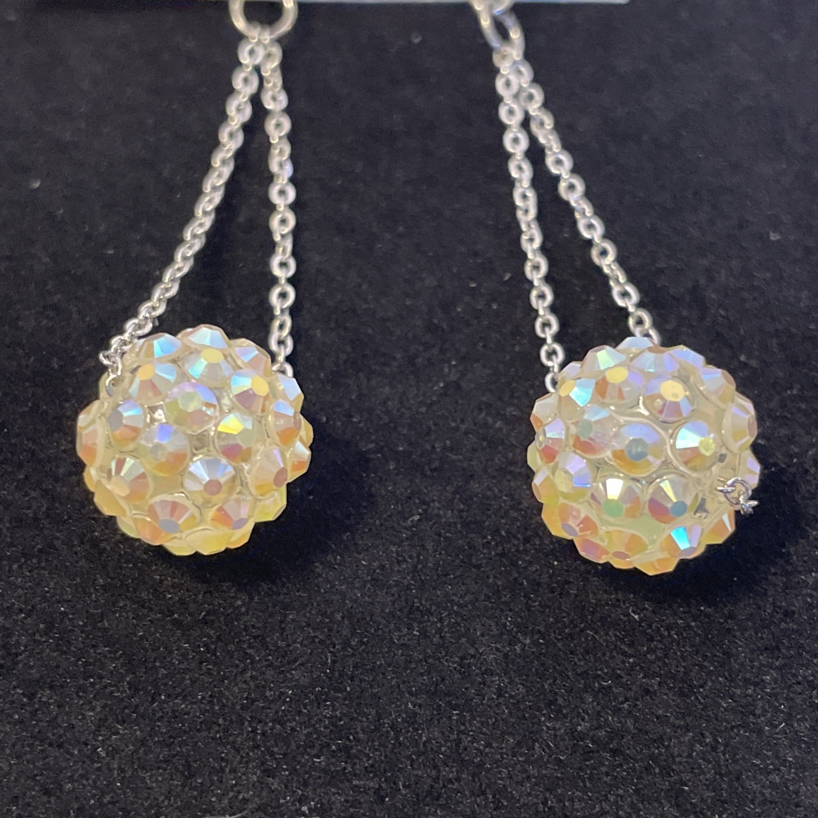 Sparkle White Disco Ball Shamballa Dangle Earrings Silver Tone 3.5 in Chain Drop