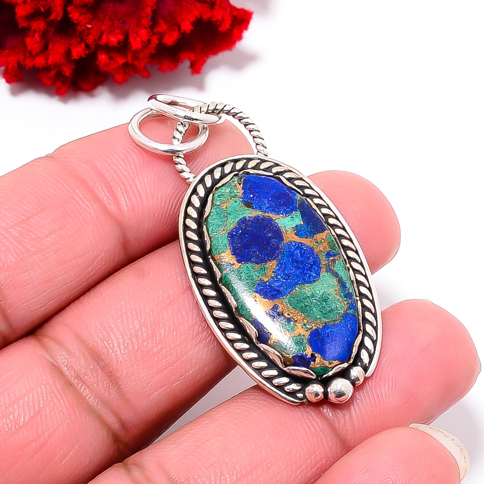 Copper Azurite Chrysocolla Handmade 925 Sterling Silver Pendant 1.79 P99869