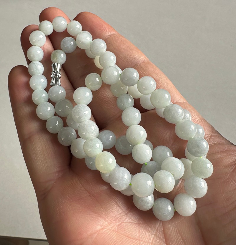 Natural Grade A White Lilac Burmese Jade Jadeite Necklace 7.8mm beads 21inch