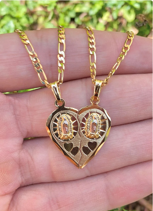 Virgencita de Guadalupe Pendant Heart Broken 14K Gold Filled Necklace 22″ Figaro