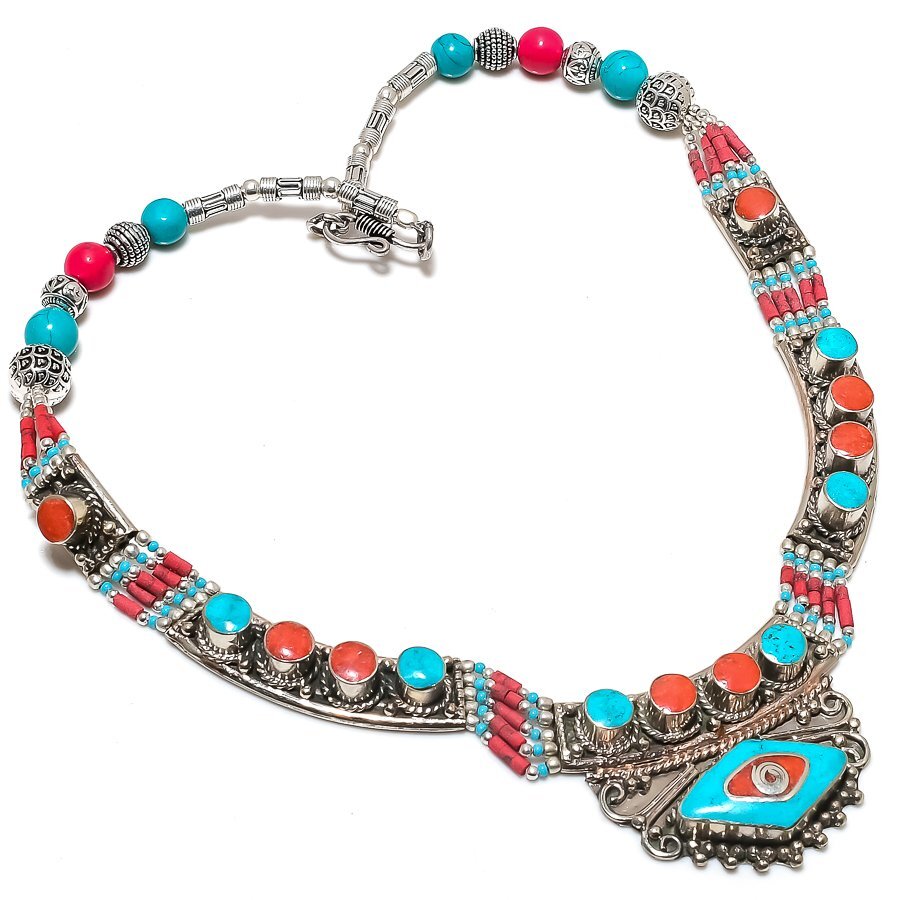 Red Coral Turquoise Necklace Handmade Tibetan Bahamas Nepali Jewelry 18″ NN 6769