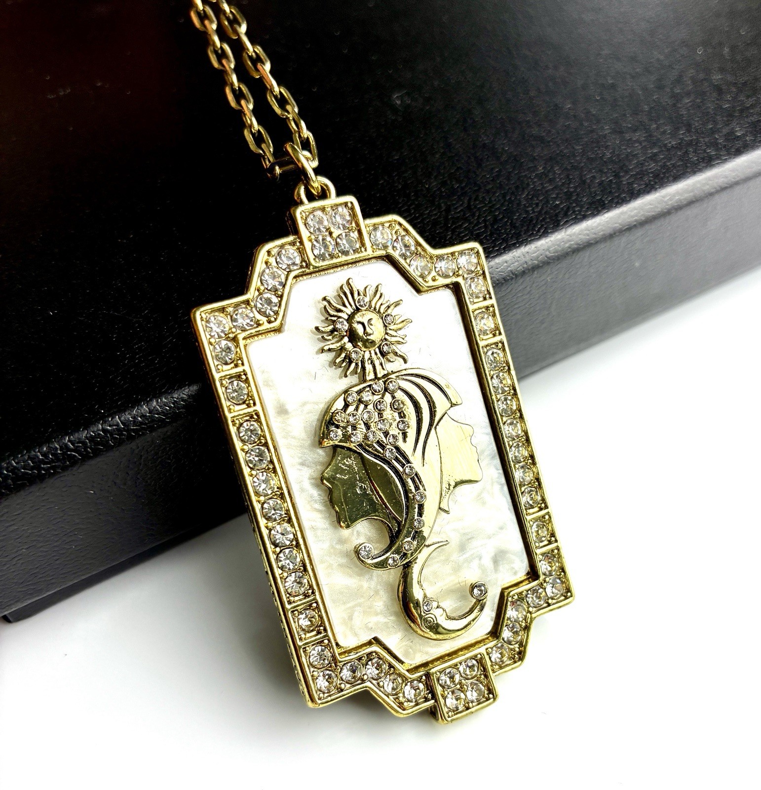Gemini Zodiac Celestial Pendant Necklace Gold Tone Mother of Pearl Rhinestone