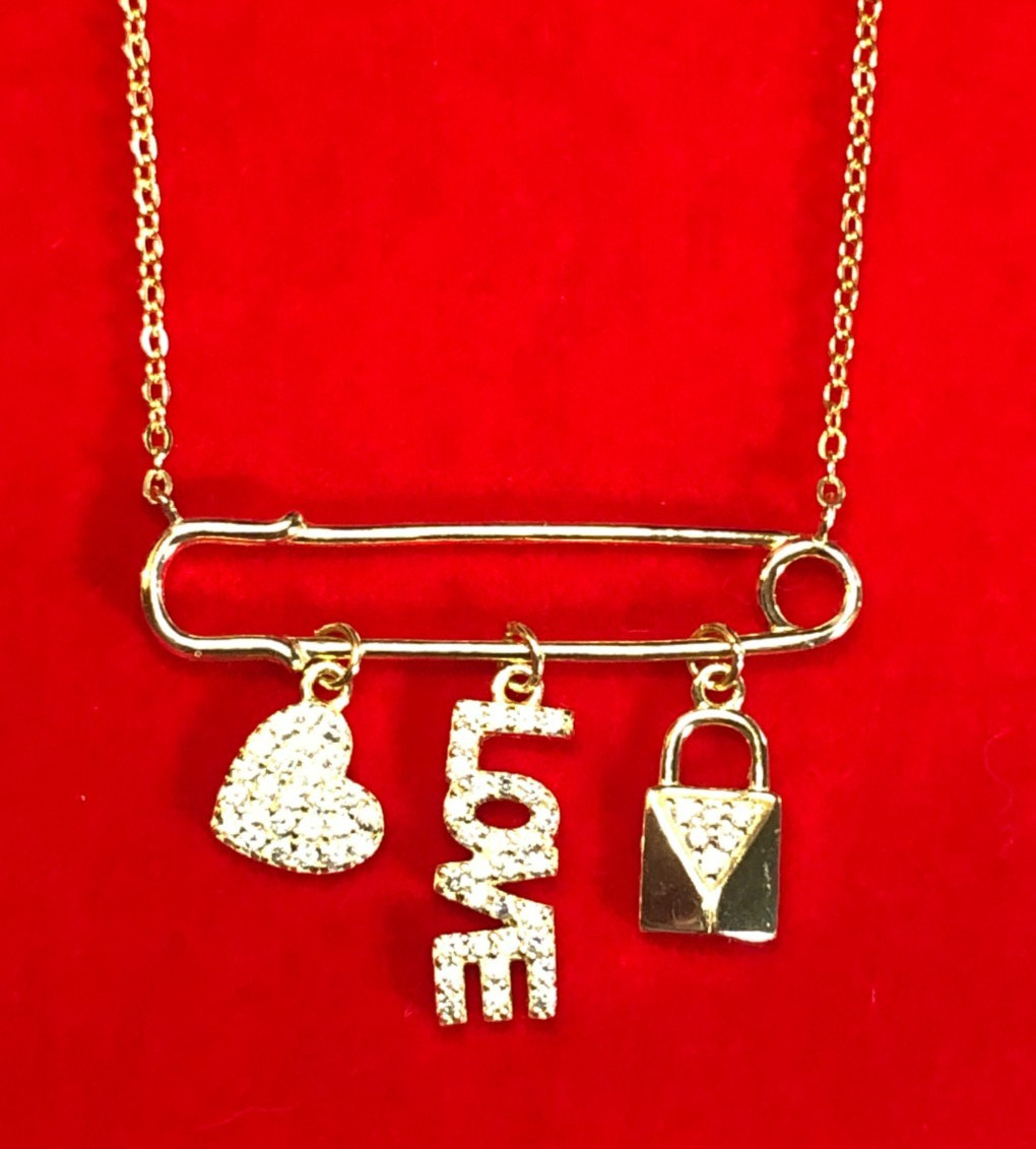Sterling Silver CZ Charm Necklace 18k Gold Plated Safety Pin Love Lock 925 6074