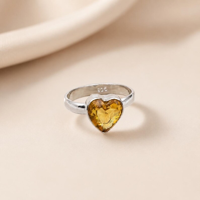 Heart Cut Citrine Ring | Yellow Gemstone Silver Ring | Heart Shaped Promise Ring