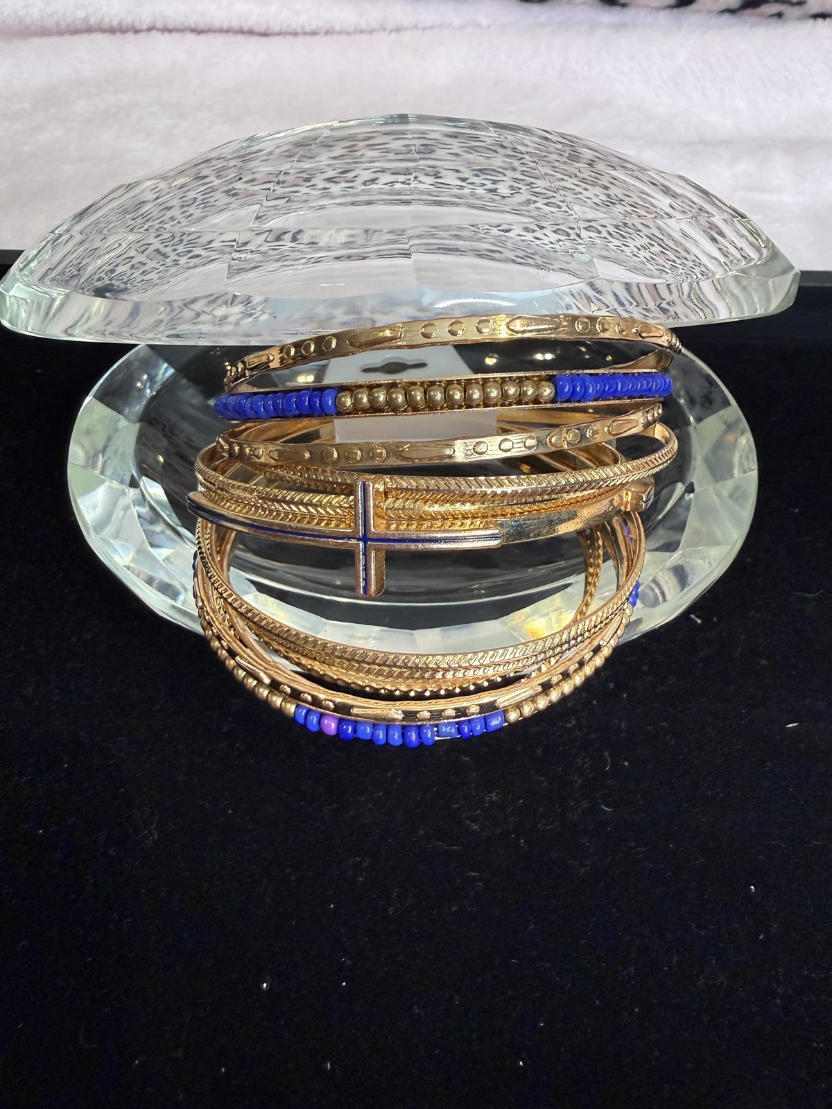 Gold Tone Bangle Bracelet Set Boho Stacked Bangles Blue Beads Cross Charm