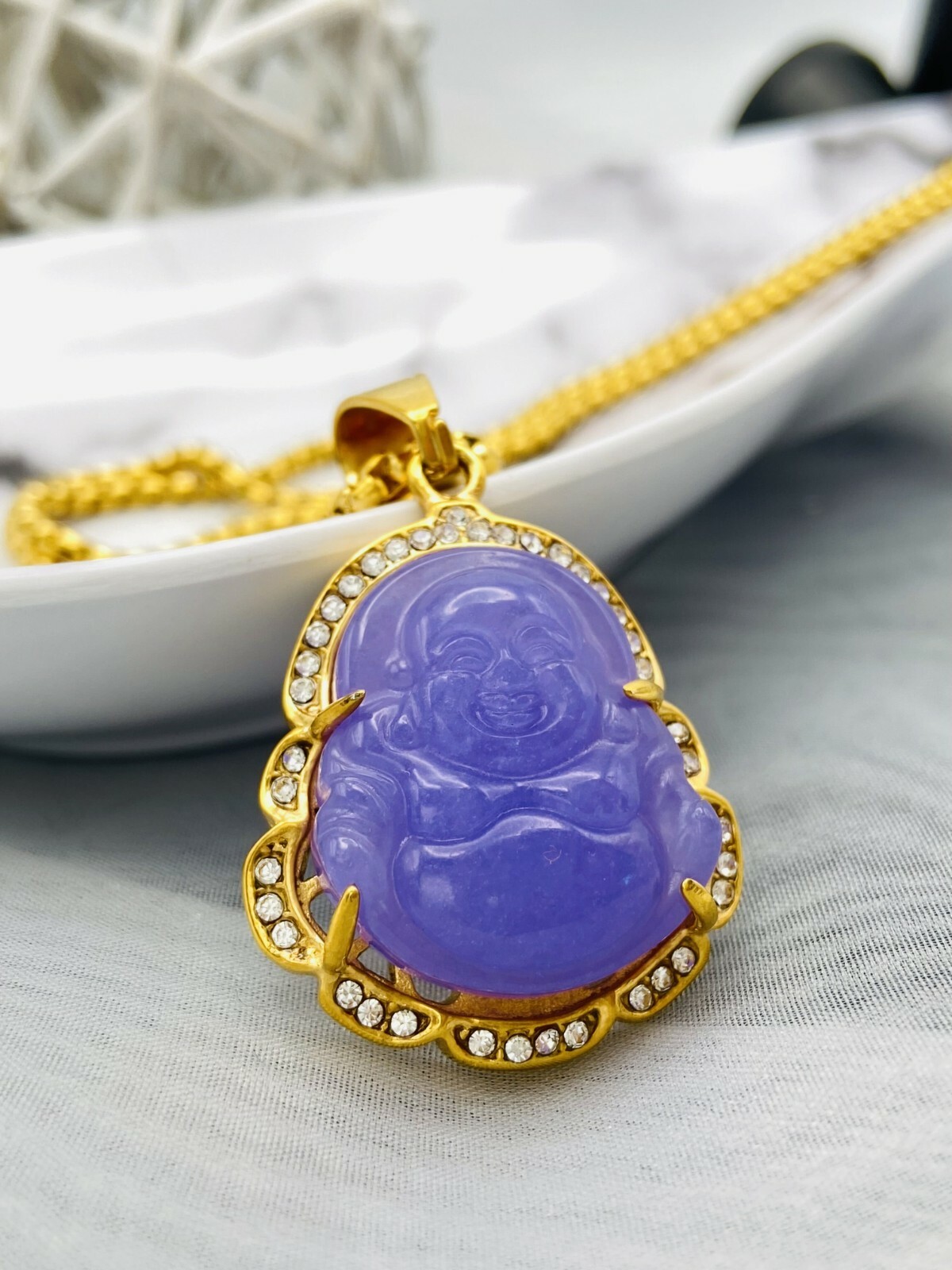 Jade Buddha Pendant Necklace W/ 18K Gold Plated Crystal Charm Hip Hop Chain