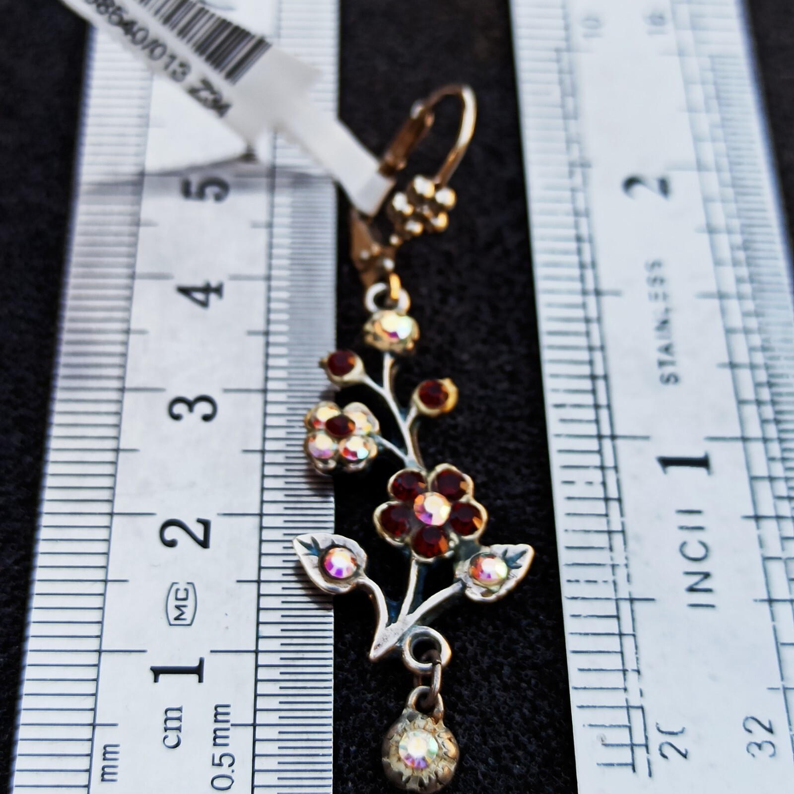 Michal Negrin Earrings Silver Aurora Borealis Red Crystals Long Flower Branch