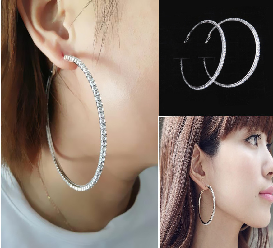 Bling Bling 3″ Silver Rhinestone Crystal Hoop Earrings Big Circle Celebrity