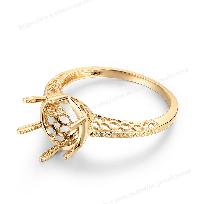 Six Prong Semi Mount Ring Brilliant Solid 14k Yellow Gold Round Cut 8.5mm to 9mm