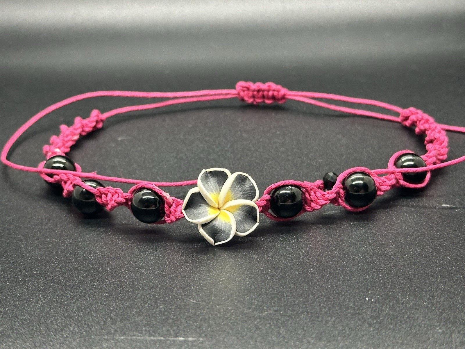 Black Plumeria Flower Spiral Hemp Handmade Choker Necklace