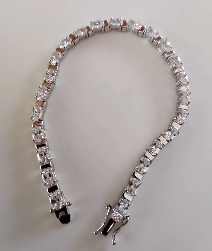 Sterling Silver 925 Stamped, CZ Tennis Bracelet Box Clasp, Prong Set, New In Box