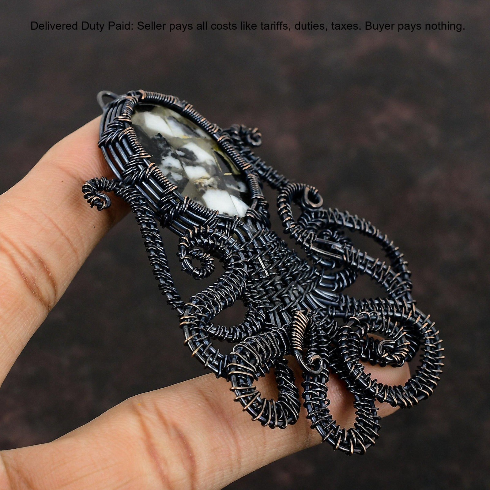 Copper Black And White Turquoise Gemstone Wire Wrap Wife Pendant Jewelry Copper