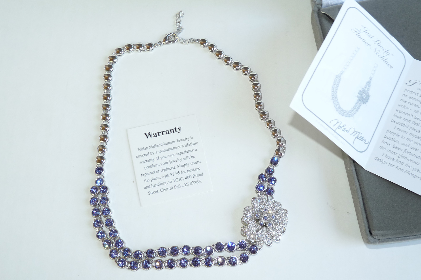 Nolan Miller Purple Rhinestone Necklace Signed Flower Pave Silver Bezel 16 NEW