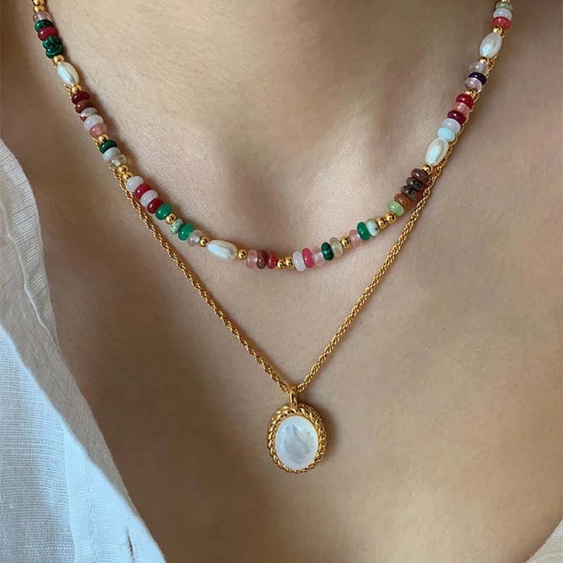 Premium Assorted Gemstone Rainbow Women Necklace Natural Freshwater pearl Choker
